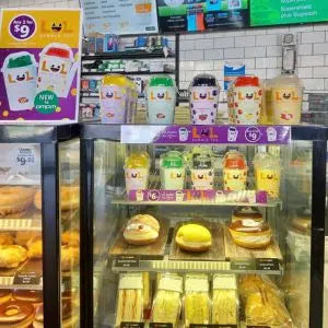 Fridge display with various food items and drinks, including LOL Bubble Tea